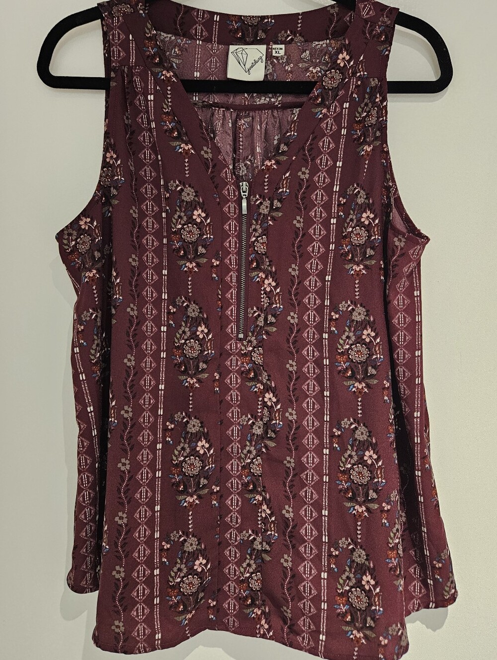 Janet Chung Boho Floral Zip-Front Sleeveless Blouse Tank Top XL